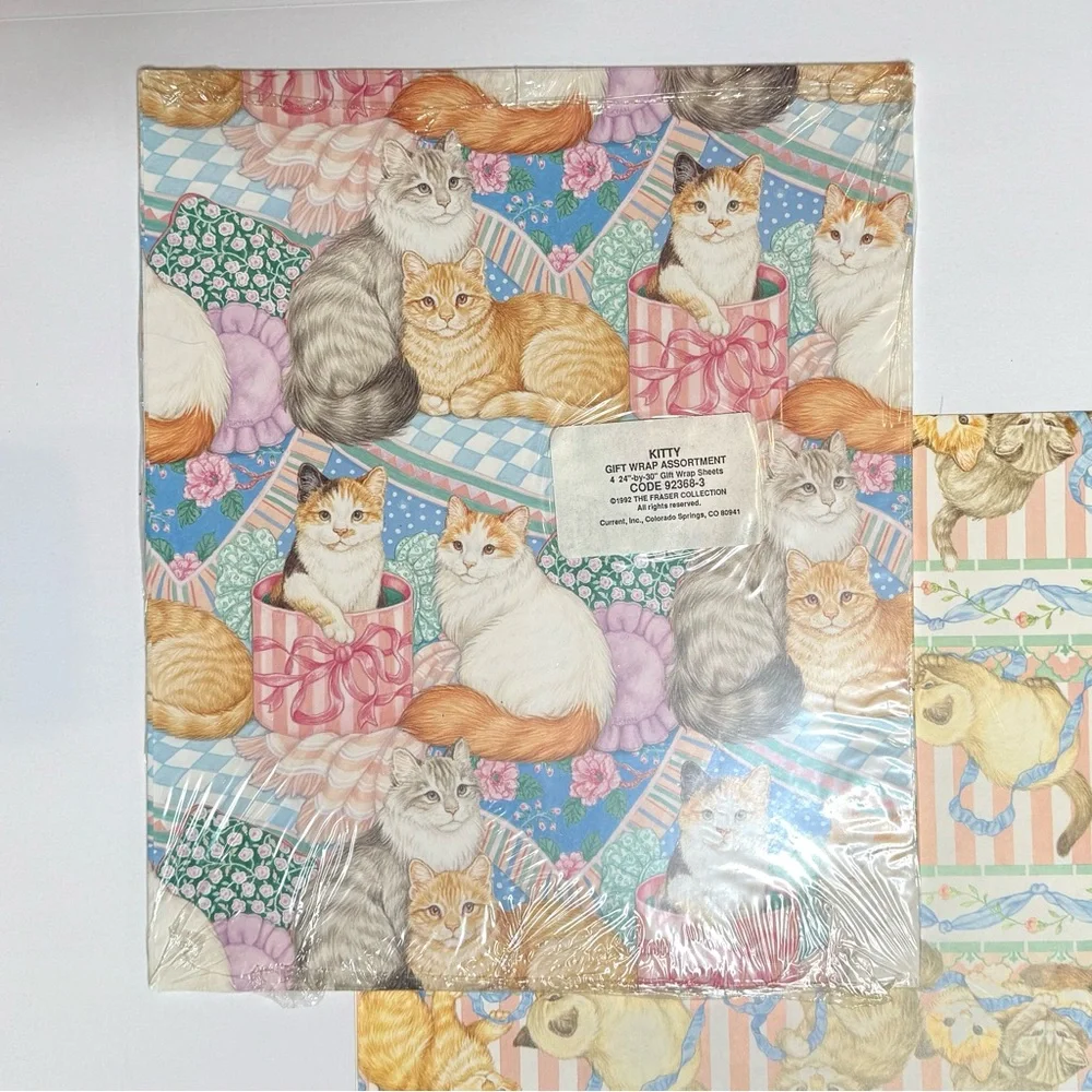 Vintage Colorful Cat Themed Gift Bags and Wrapping Paper Set